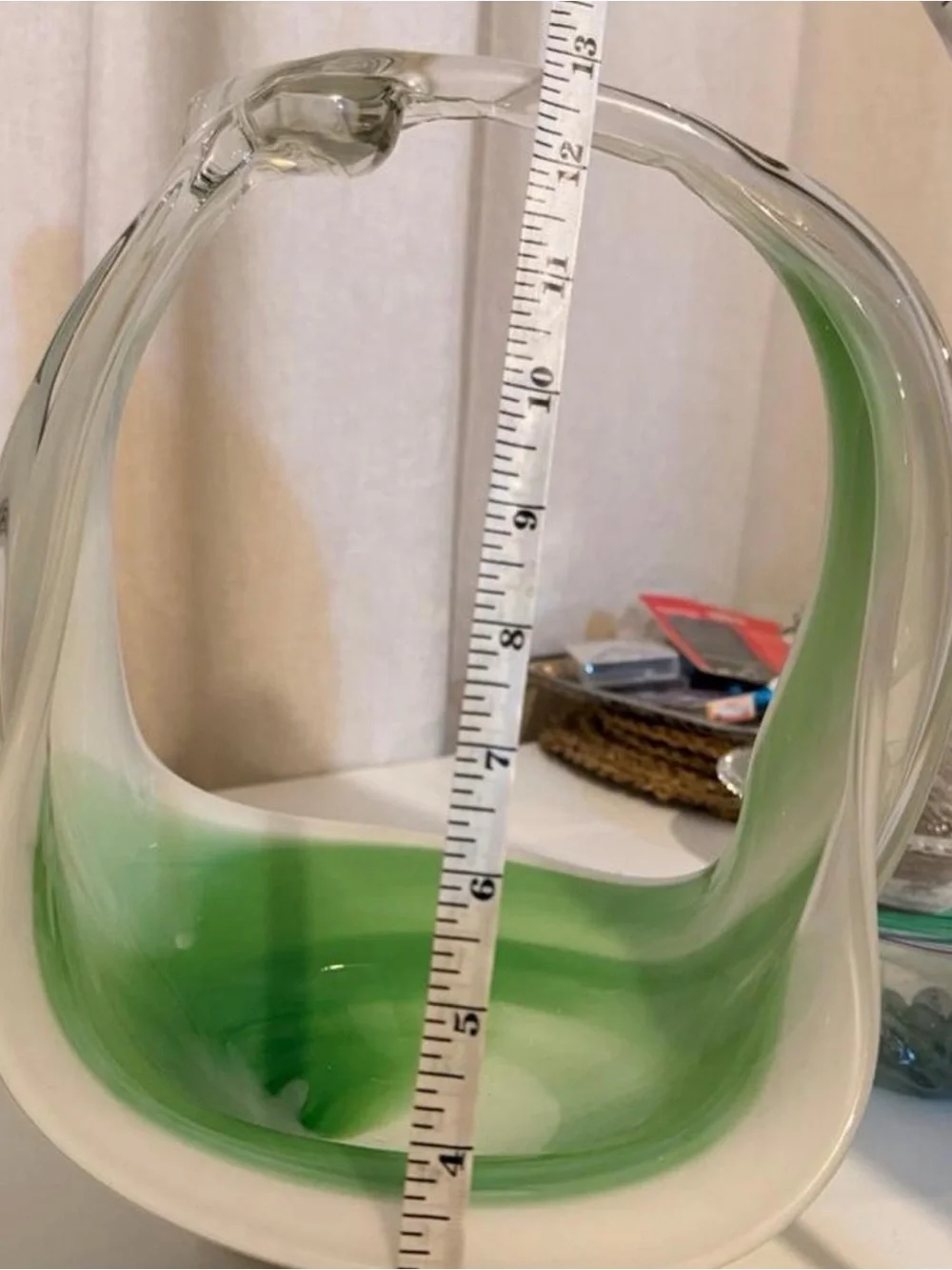 Vintage MCM Hand Blown Murano Style Green White Cased Art Glass Basket Bowl 12.5